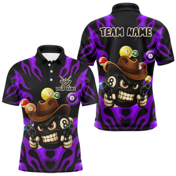 Maxcorners Personalized Purple Funny Flame 8 Ball Billiard Shirt For Men, Pool Team Jersey Polo & 1/4 Zip LM1903