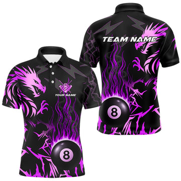 Maxcorners Black And Purple Flaming 8 Ball Pool Shirt For Men Custom Dragon Billiard Jersey Polo & 1/4 Zip