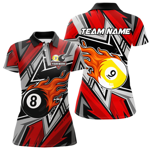 Maxcorners Personalized Men's Billiard Shirts, Flame 8&9 Ball Custom Red Zig-Zag Billiard Team Jerseys MT1006