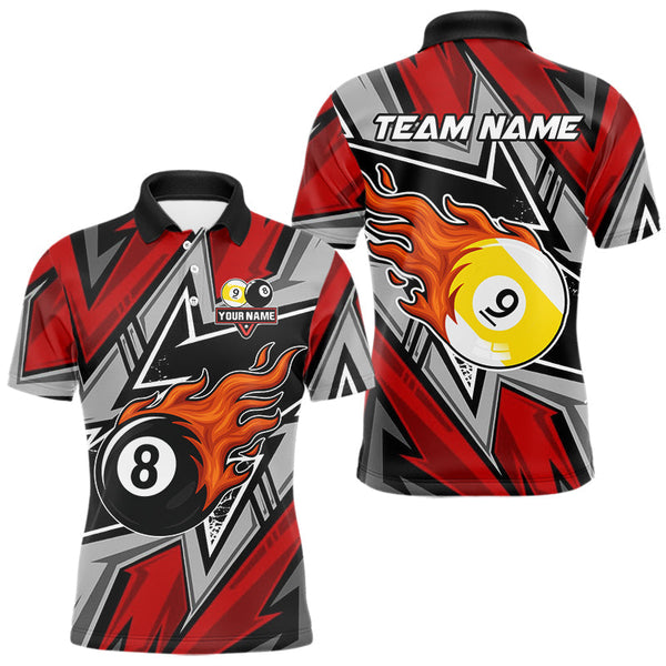 Maxcorners Personalized Men's Billiard Shirts, Flame 8&9 Ball Custom Red Zig-Zag Billiard Team Jerseys MT1006