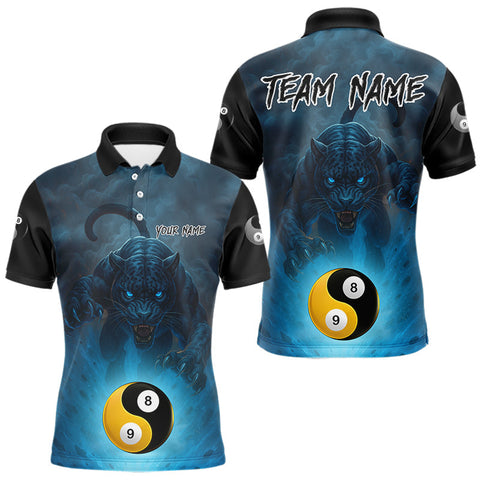Maxxcorners Blue Billiard 8&9 Ball Yin Yang Panther Pool Shirt For Men Custom Billiard Jerseys Polo & 1/4 Zip MT0307