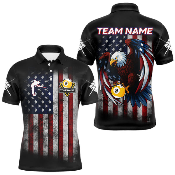 Maxcorners Grunge American Flag Eagle 9 Ball Billiard Polo & 1/4 Zip Custom Men's Patriotic Pool Team Jersey LM0803
