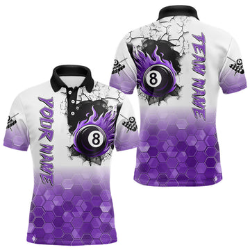 Maxcorners Custom White And Purple Hexagon 8 Ball Flame Billiard Shirt For Men, Funny Pool Team Jersey LM1903