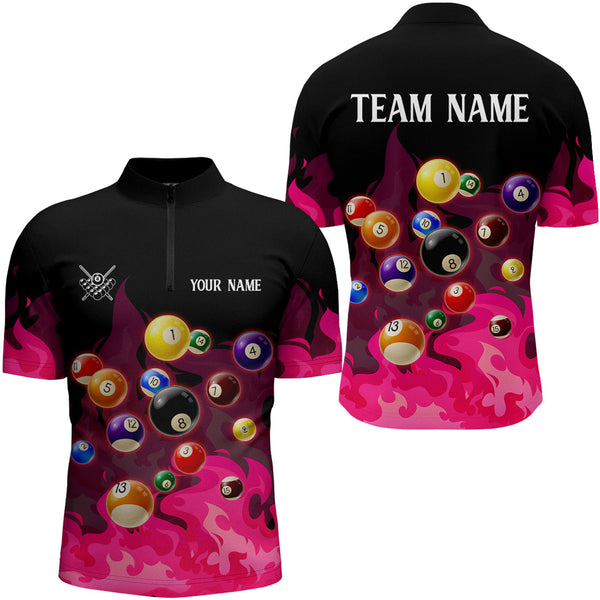 Maxcorners Pink 3D Billiard Balls Fire Flame Custom Billiard Shirts For Men, Billiard League Pool Team Jersey