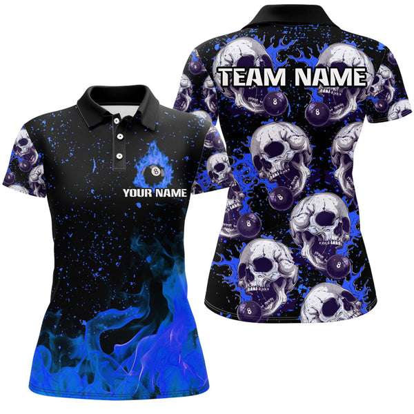 MaxCorners Billiard Blue Skull Fire 8 Ball  Customized Name, Team Name 3D Polo Shirt For Women