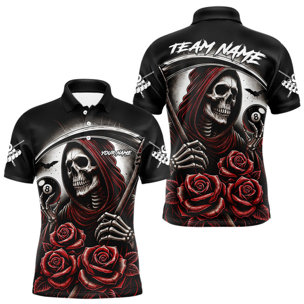 Maxcorners Death Skeleton 8 Ball Pool Roses Billiard Shirt For Men Custom Funny Pool Team Shirt Design |Red MT2306