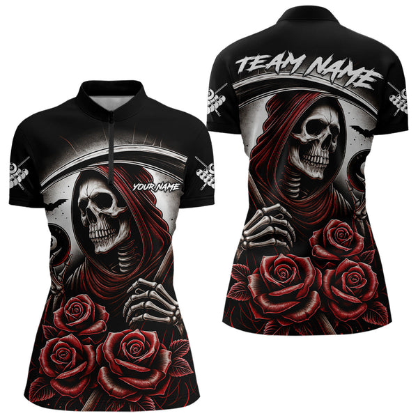 Maxcorners Death Skeleton 8 Ball Pool Roses Billiard Shirt For Men Custom Funny Pool Team Shirt Design |Red MT2306