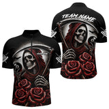 Maxcorners Death Skeleton 8 Ball Pool Roses Billiard Shirt For Men Custom Funny Pool Team Shirt Design |Red MT2306