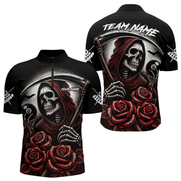 Maxcorners Death Skeleton 8 Ball Pool Roses Billiard Shirt For Men Custom Funny Pool Team Shirt Design |Red MT2306