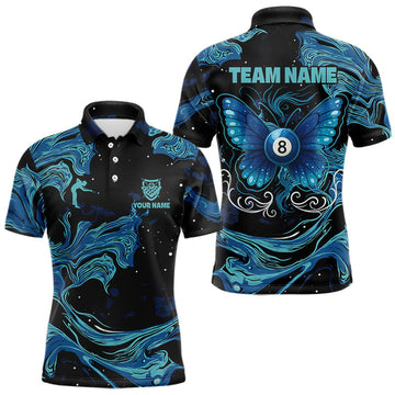 Maxcorners Custom Teal Blue Marble Billiard Shirt For Men, 8 Ball Butterfly Pool Team Jersey Polo & 1/4 Zip