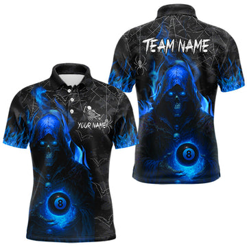 Maxcorners Customized Blue Flaming Grim Reaper 8 Ball Pool Billiard Shirt For Men, Halloween Billiard Outfit LM1903