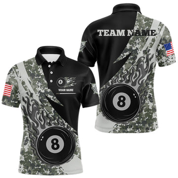 Maxcorners Personalized Flame 8 Ball Pool Military Grey Camo Billiard Shirts For Men Custom Pool Team Jersey LM0607