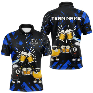 Maxcorners Black Blue Funny Beer Pool Shirt For Men Custom 8 Ball & 9 Ball Billiard Team Jersey Polo, 1/4 Zip LM0607