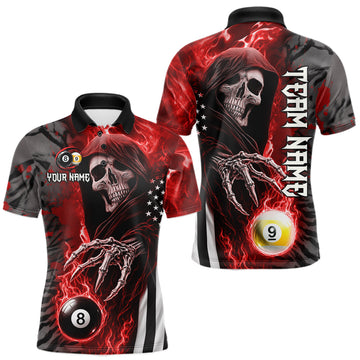 Maxcorners Personalized Red Flame Grim Reaper US Flag 8 Ball 9 Ball Billiard Shirt For Men, Pool Team Jersey