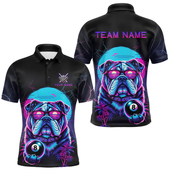 Maxcorners Funny Bulldog Billiard Jersey Polo & 1/4 Zip Custom Retro Neon 8 Ball Pool Team Shirt For Men