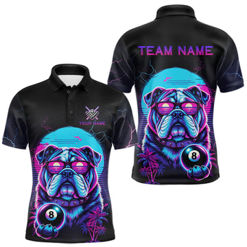Maxcorners Funny Bulldog Billiard Jersey Polo & 1/4 Zip Custom Retro Neon 8 Ball Pool Team Shirt For Men