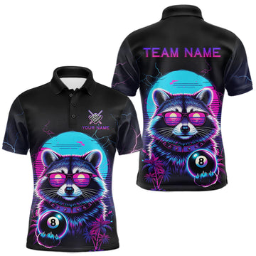 Maxcorners Funny Raccoon Billiard Jersey Polo & 1/4 Zip Custom Retro Neon 8 Ball Pool Team Shirt For Men