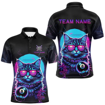 Maxcorners Funny Cat Neon 8 Ball Billiard Shirt For Men Custom Pool Team Shirt, Billiard Jersey Polo & 1/4 Zip LM2512