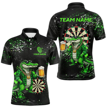 Maxcorners Green Grunge Funny Alligator Darts Shirt For Men Custom Darts Jersey Polo & 1/4 Zip, Darts Gifts LM1904