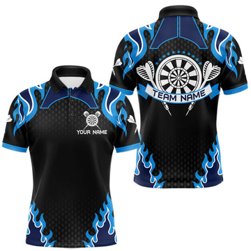 Maxcorners Black And Blue Flaming Darts Jersey Polo & Quarter Zip Custom Darts Team Shirt For Men