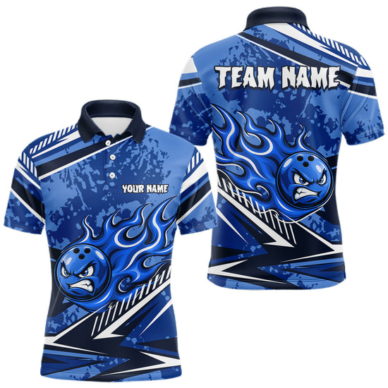 Maxcorners Blue Grunge Camo Funny Flame Bowling Shirts For Men Custom Bowling Team Jersey Polo & Quarter Zip
