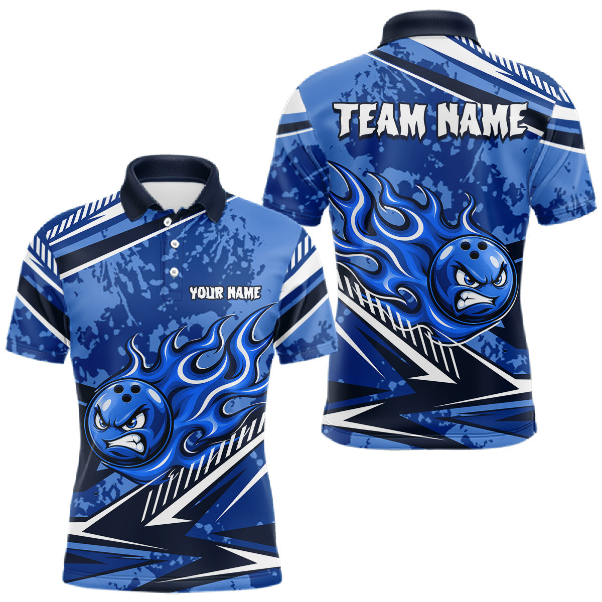 Maxcorners Blue Grunge Camo Funny Flame Bowling Shirts For Men Custom Bowling Team Jersey Polo & Quarter Zip