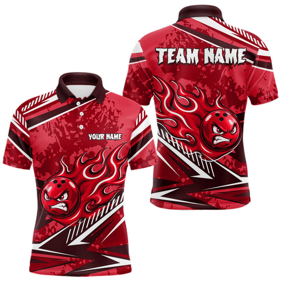 Maxcorners Red Grunge Camo Funny Flame Bowling Shirts For Men Custom Bowling Team Jersey Polo & Quarter Zip