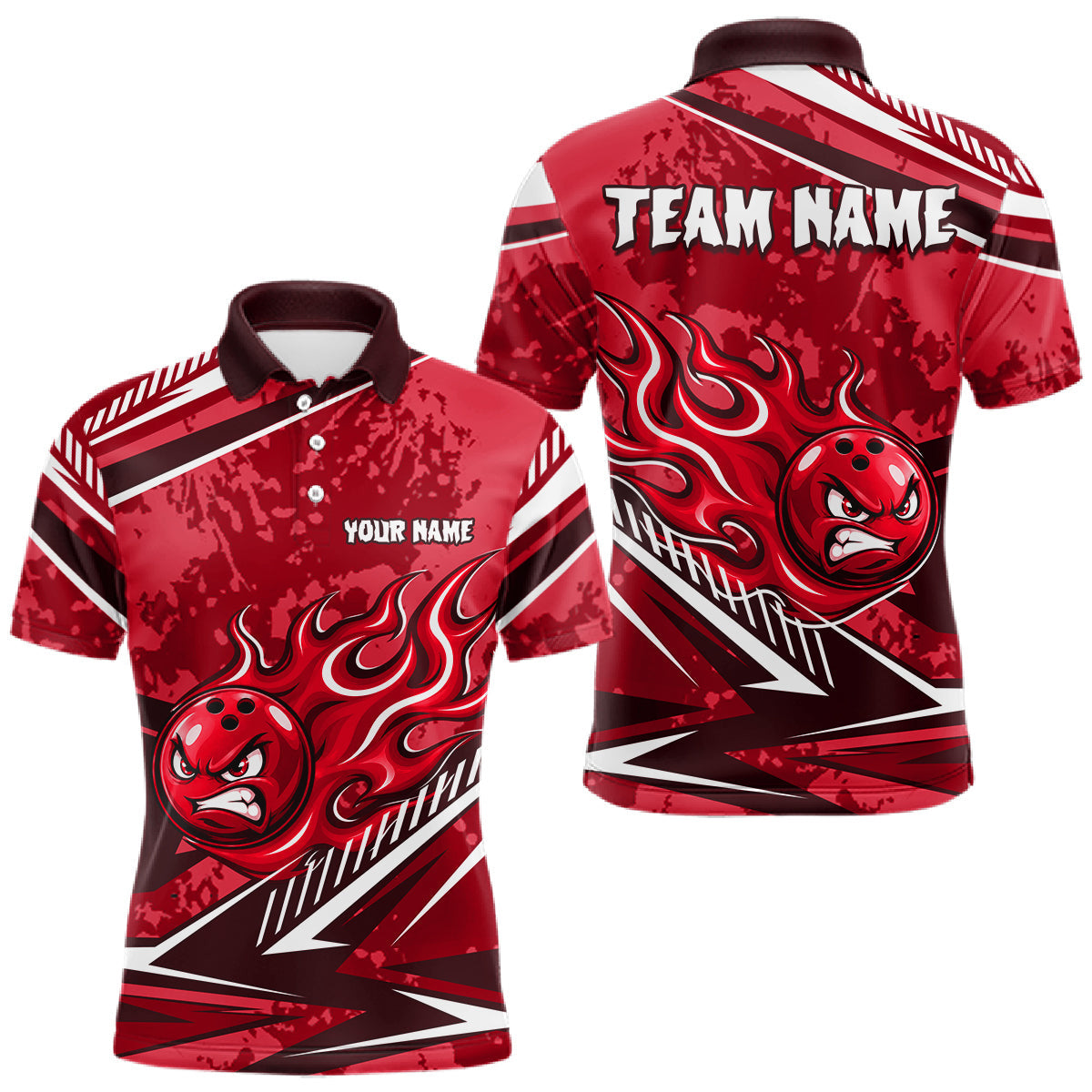 Maxcorners Red Grunge Camo Funny Flame Bowling Shirts For Men Custom Bowling Team Jersey Polo & Quarter Zip