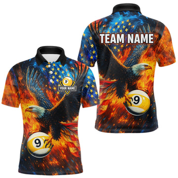 Maxcorners Personalized Orange Flaming US Flag 9 Ball Eagle Billiard Shirt For Men Patriotic Pool Team Jersey
