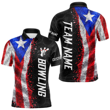 Maxcorners Custom Puerto Rico Flag Bowling Shirt, Patriotic Bowling Team Jersey Polo & Quarter Zip For Men