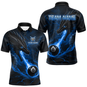 Maxcorners Custom Dragon 8 Ball Pool Fire Billiard Shirts For Men, Blue Billiard Team Jersey Polo & 1/4 Zip