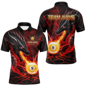 Maxcorners Custom Dragon 9 Ball Pool Fire Billiard Shirts For Men, Red Billiard Team Jersey Polo & 1/4 Zip