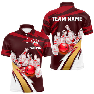 Maxcorners Personalized Red Strike Ball Bowling Shirt For Men Custom Team Bowling Jersey Polo & 1/4 Zip