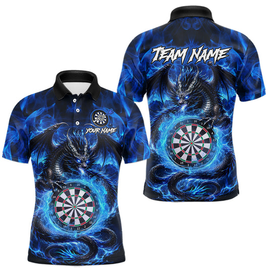 Maxcorners Personalized Blue Flame Dragon Darts Polo & Quarter Zip Shirts For Men, Darts League Team Jersey LM0106