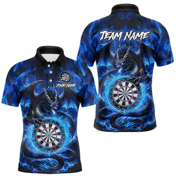 Maxcorners Personalized Blue Flame Dragon Darts Polo & Quarter Zip Shirts For Men, Darts League Team Jersey