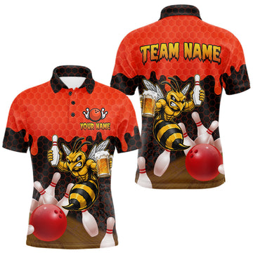 Maxcorners Black And Red Funny Bee Beer Bowling Shirts For Men Custom Hexagon Pattern Bowling Team Jerseys
