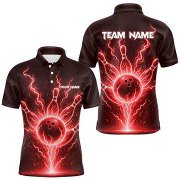 Maxcorners Red Lightning Thunder Bowling Polo, Quarter Zip Shirts For Men Custom Team Bowling Jersey LM0410