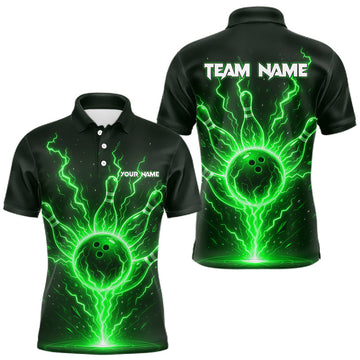 Maxcorners Green Lightning Thunder Bowling Polo, Quarter Zip Shirts For Men Custom Team Bowling Jersey