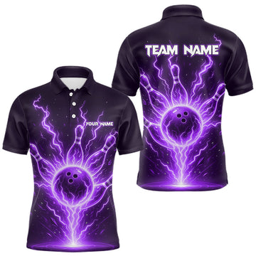 Maxcorners Purple Lightning Thunder Bowling Polo, Quarter Zip Shirts For Men Custom Team Bowling Jersey LM0410