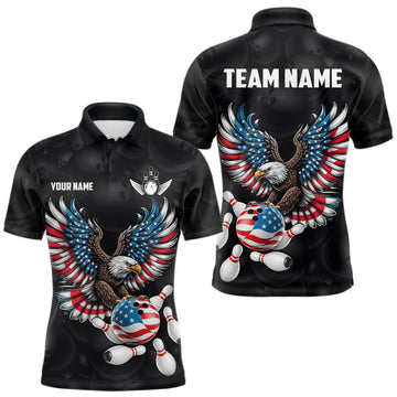 Personalized American Flag Eagle Bowling Polo & 1/4 Zip For Men, Patriotic Bowling Team Jersey
 LM1203