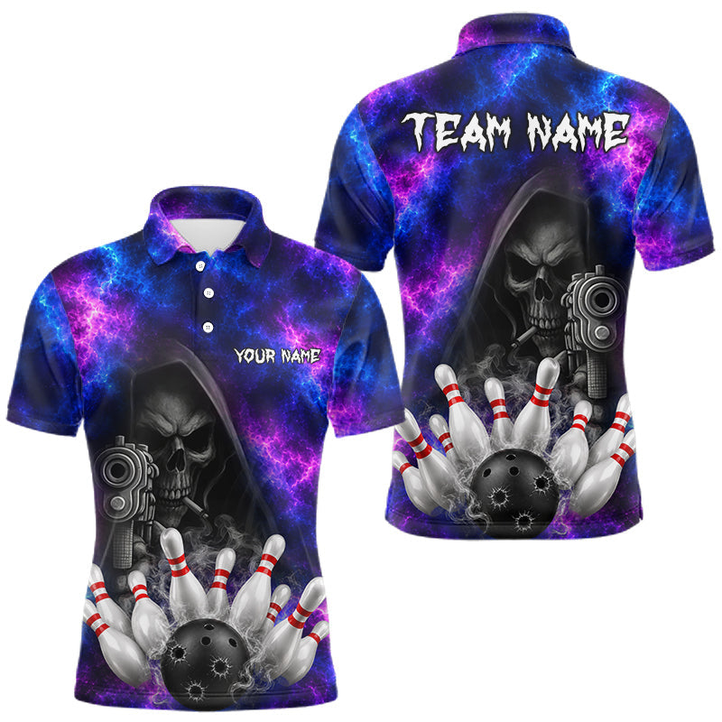 Maxcorners Blue And Purple Grim Reaper Galaxy Bowling Shirts For Men Custom Bowling Team Jersey Polo, 1/4 Zip