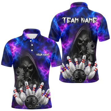 Maxcorners Blue And Purple Grim Reaper Galaxy Bowling Shirts For Men Custom Bowling Team Jersey Polo, 1/4 Zip