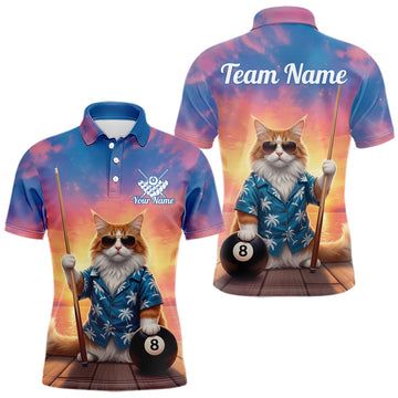 Maxcorners Personalized Funny Cat Sunset Billiard Shirt For Men Custom 8 Ball Pool Team Jersey Polo & 1/4 Zip LM2704