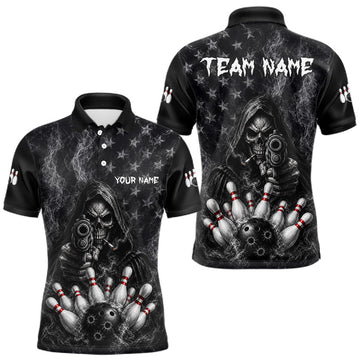 Maxcorners Funny Grim Reaper Smoke American Flag Bowling Shirts For Men Custom Black Bowling Team Jersey