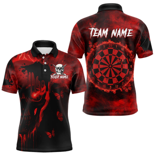 Maxcorners Black And Red Grunge Skull Butterflies Darts Shirt For Men Custom Darts Jersey Team Polo & 1/4 Zip LM0404