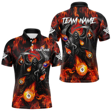 Maxcorners Orange Flaming Grim Reaper Billiard Shirt For Men Custom Fire Pool Team Jersey Polo & Quarter Zip