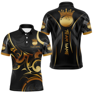 Maxcorners Black And Gold Custom Crown Tribal Bowling Shirt For Men, Bowling Team Jersey Polo & 1/4 Zip