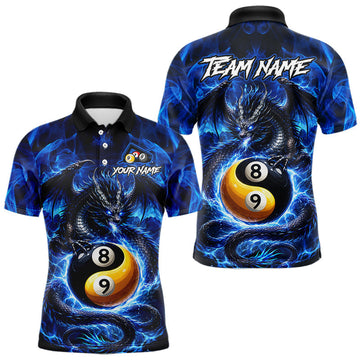 Maxcorners Blue 8 Ball & 9 Ball Fire Yin And Yang Dragon Billiard Shirt For Men Custom Pool Team Jersey LM2901
