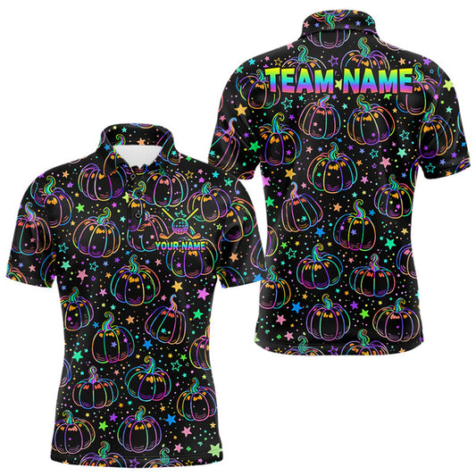 Maxcorners Rainbow Holographic Pumpkin Golf Polo Shirt Custom Halloween Golf Team Attire For Men LM0208