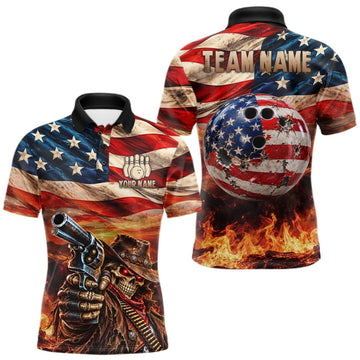 Maxcorners Fire & Gun Retro Bowling Polo 1/4-Zip Shirt For Men Personalized US Flag Cowboy Skull Bowling Jersey LM0510